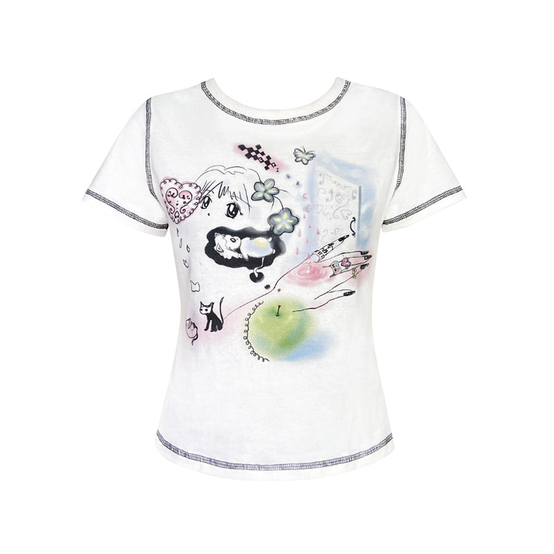 Girls Dream Handdrawn Print Short Sleeve T-shirt