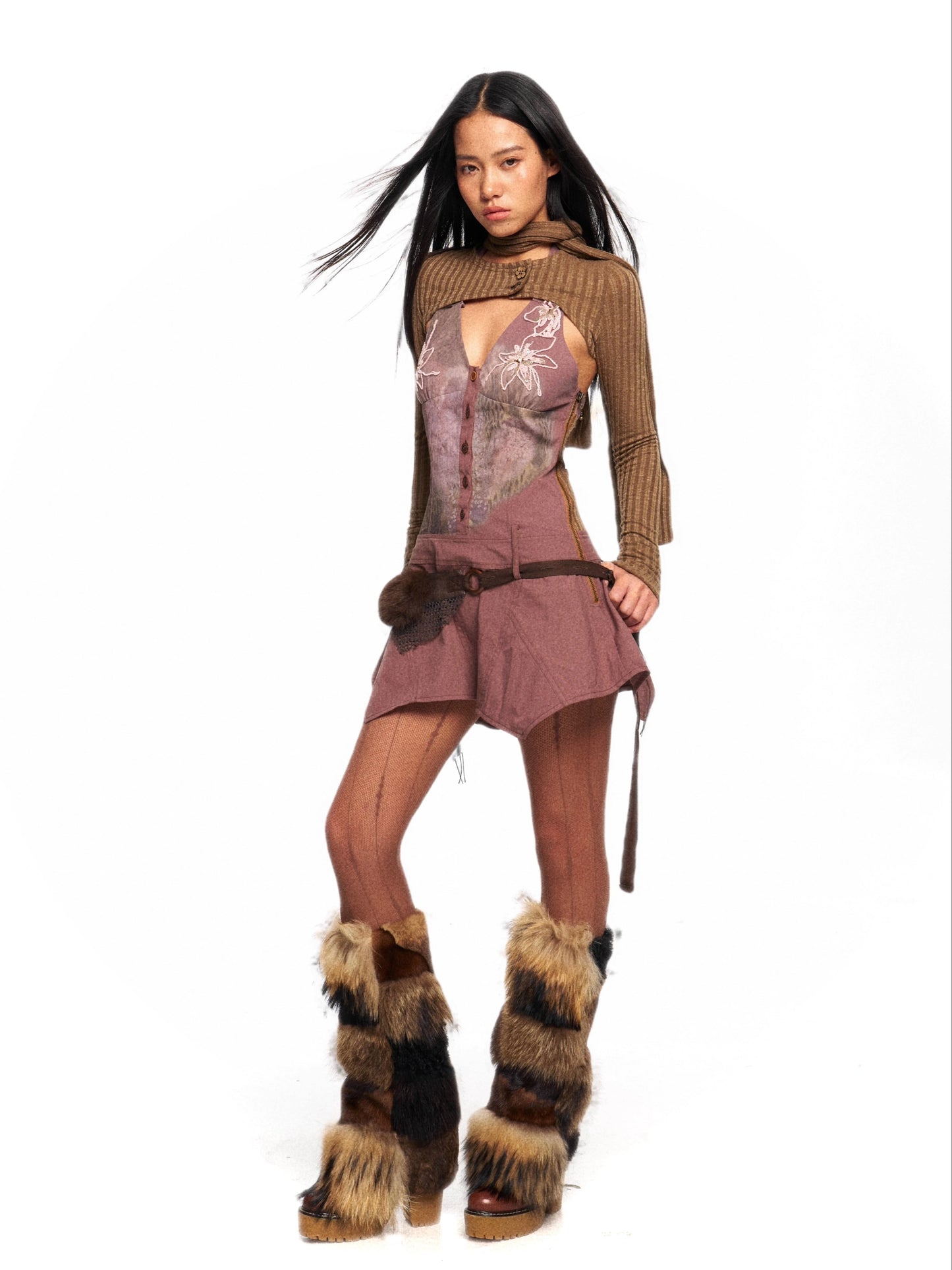 Embroidered Print Dress with Knit Scarf – Elegant Layered Look