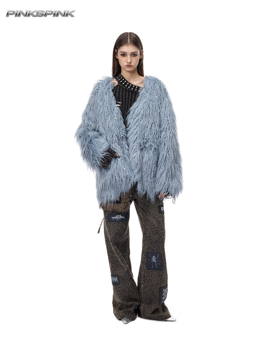Light Blue Sheepskin V-Neck Oversized Y2K Coat