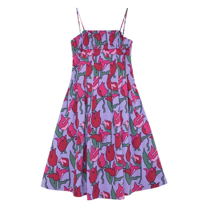 휴일 스타일 : 튤립 프린트 보라색 스트랩 드레스