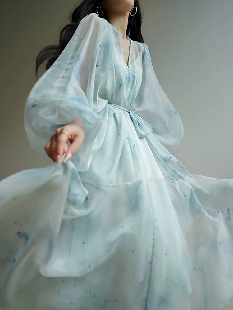 V-Neck Smudge Print Fairy Dress – Soft French Mood