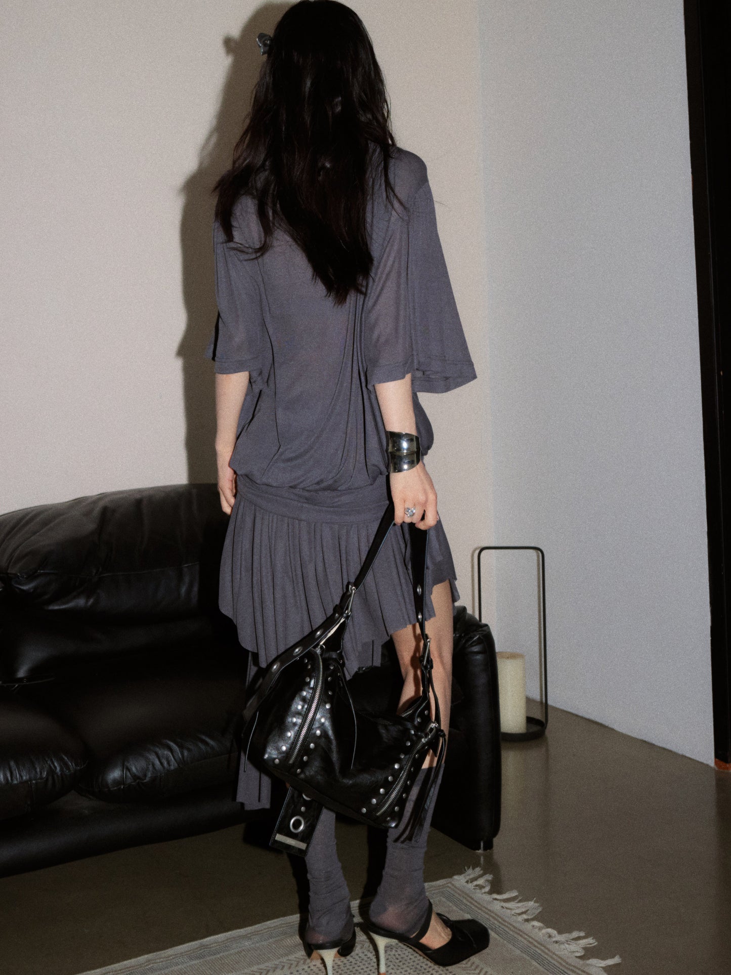 Deep V Asymmetrical T-Shirt Dress | Relaxed Gray Midi Dress