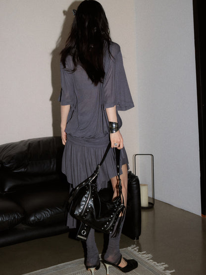 Deep V Asymmetrical T-Shirt Dress | Relaxed Gray Midi Dress