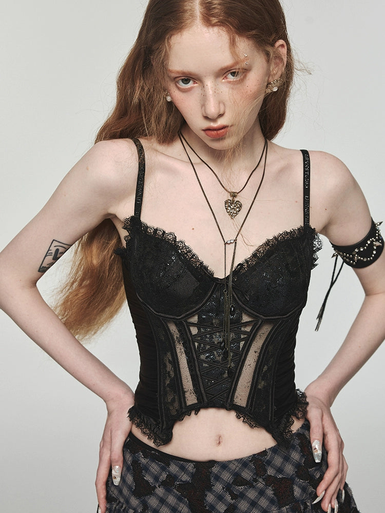 Satin Corset Camisole – Cross-Strap Cinched Waist Slim Fit Sexy Top