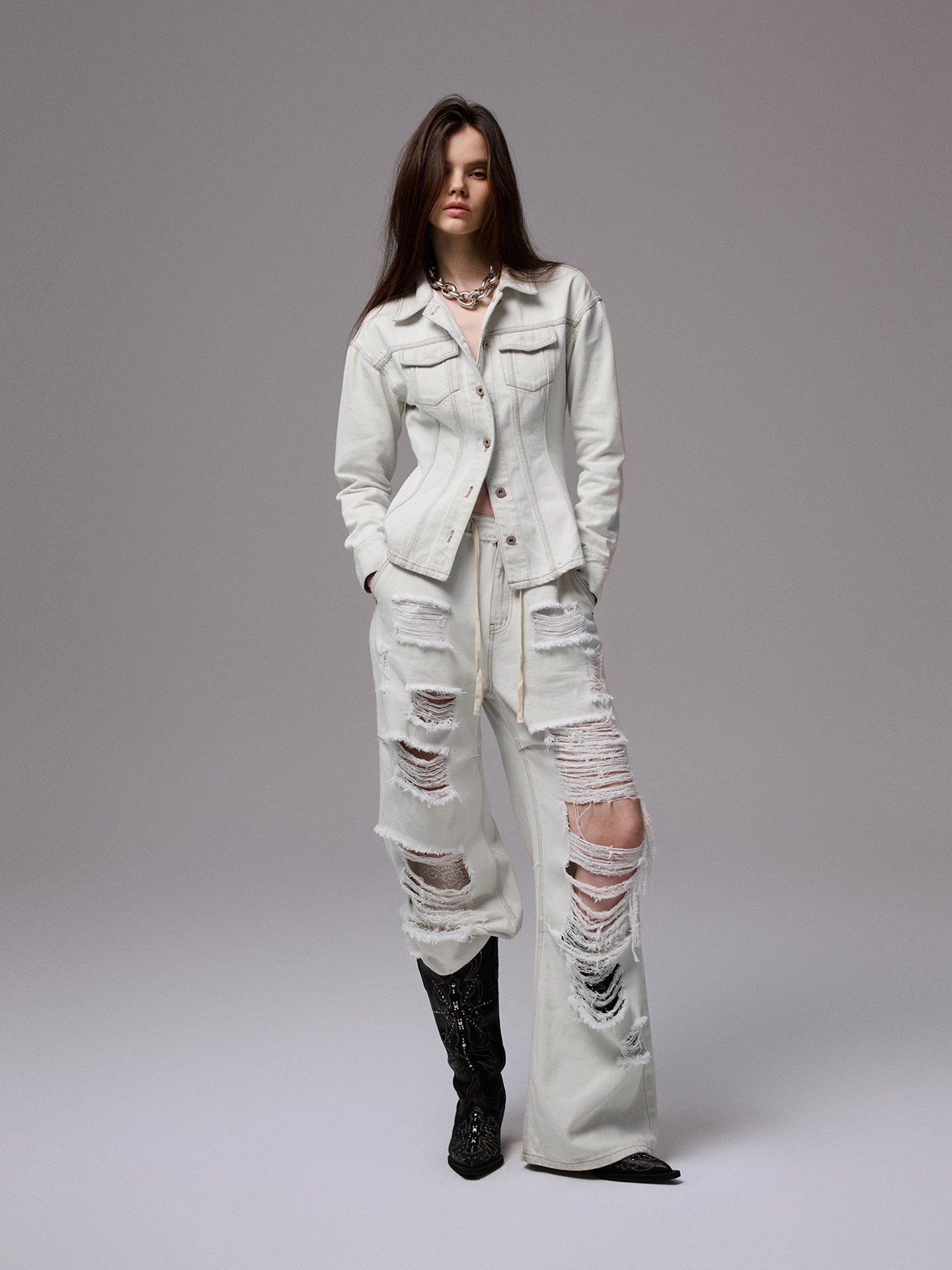 Distressed Denim Waist-Cinching Jacket