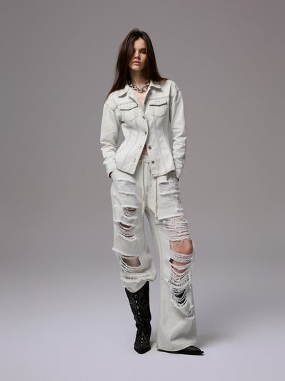 Distressed Denim Waist-Cinching Jacket