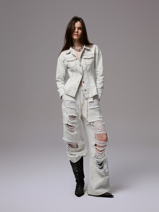Distressed Denim Waist-Cinching Jacket