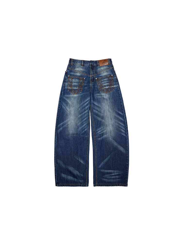 Dark Blue Distressed Embroidered Low-Rise Deconstructed Scimitar Jeans