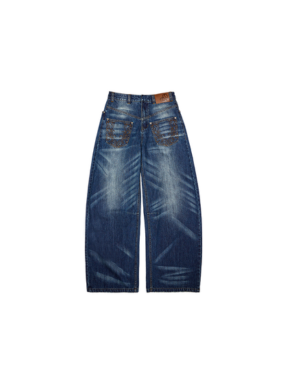 Dark Blue Distressed Embroidered Low-Rise Deconstructed Scimitar Jeans