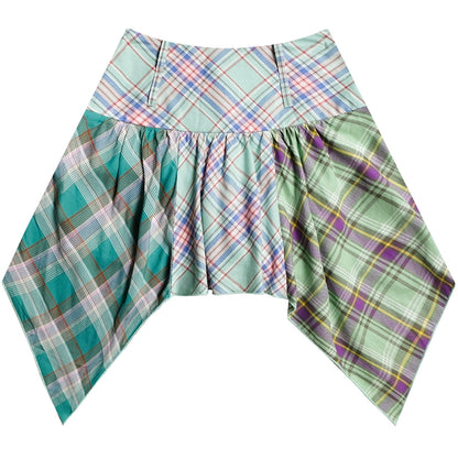 Green Checkered Skirt | Irregular High Waist Slim Fit Design for Summer