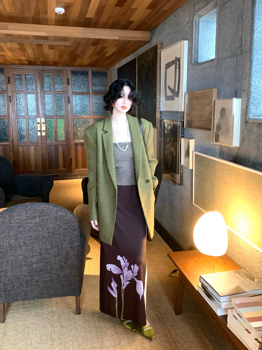 Ink-Dyed Floral High-Waisted Stretch Skirt – Wine Afternoon Retro Collection