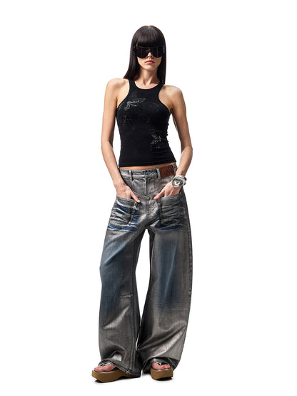 Silver Embroidered Distressed Wide-Leg Denim Pants – Low-Rise Statement Jeans