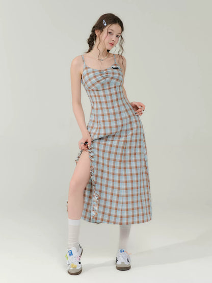 Plaid Suspender Dress | Slim Fit Split Retro Blue-Brown Plaid Design