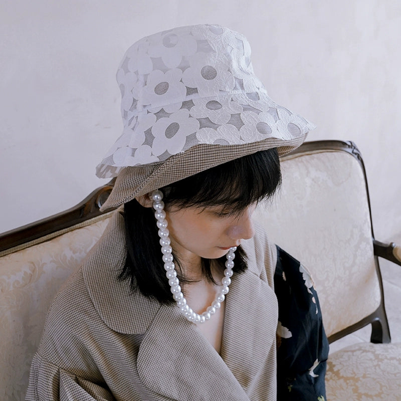 매일 연구소 친애하는 Elois Double Layer Flower Plaid Pearl Fisherman Hat