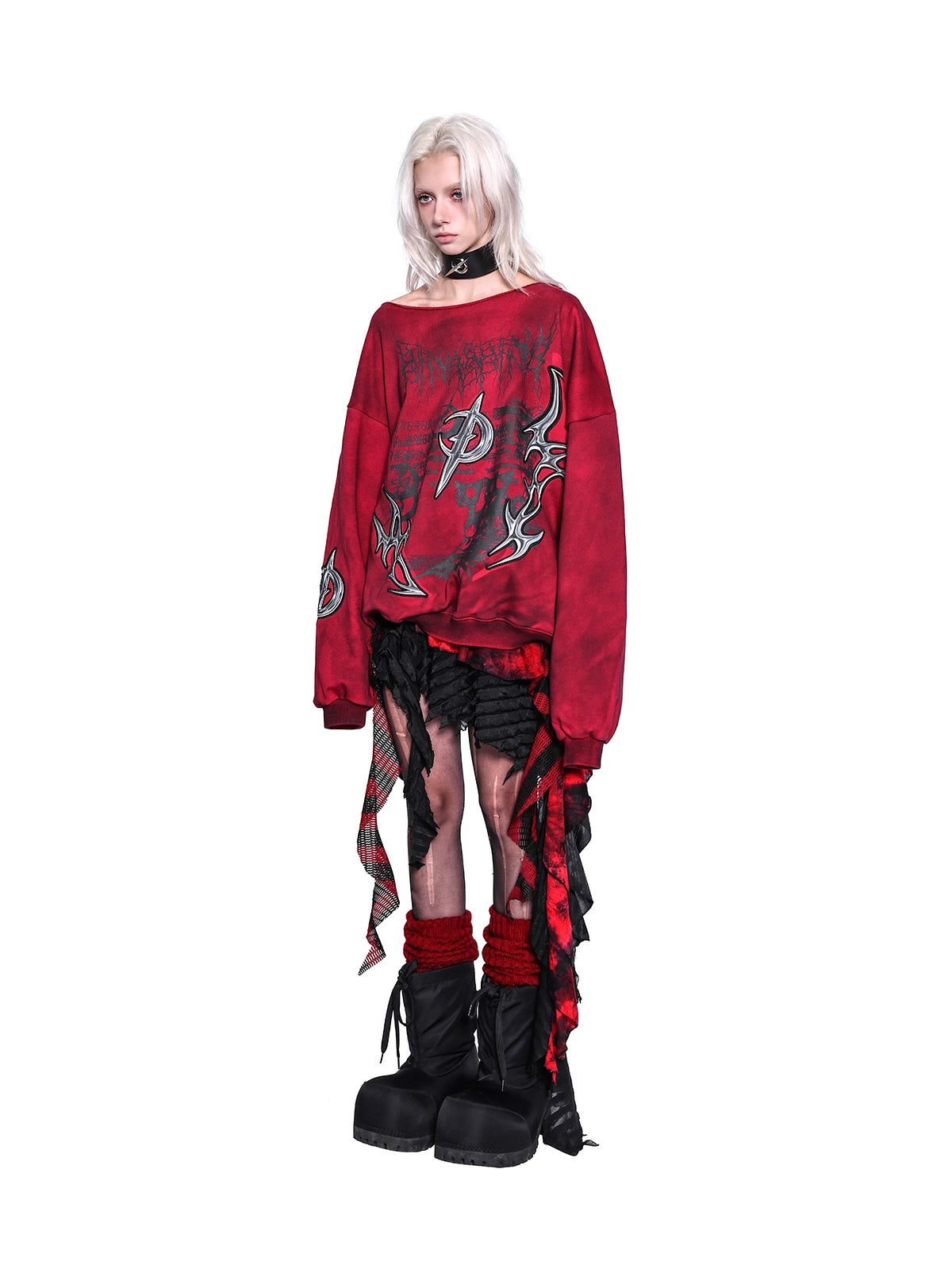 One-Shoulder 3D Embroidery Distressed Punk Y2K Sweatshirt