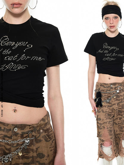 Pleated Waist Studded Crop T-Shirt – Slim Silhouette with Design Flair