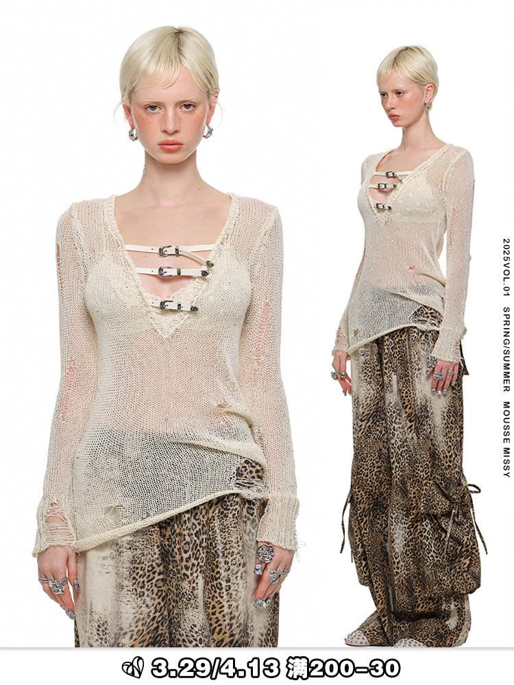 Beaded Cut-Out Knit Blouse – V-Neck Slim Semi-Sheer Knit