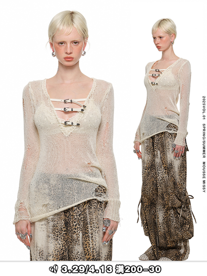 Beaded Cut-Out Knit Blouse – V-Neck Slim Semi-Sheer Knit