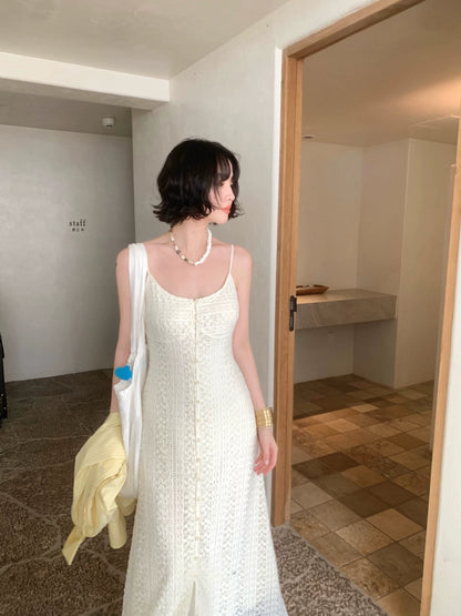 [Peach Blossom Brewing] French Lace Slit Slip Maxi Dress