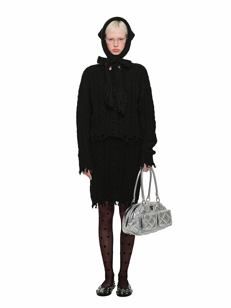 Velvet Cable Knit Set – Cardigan & Skirt with Slouchy Cutout