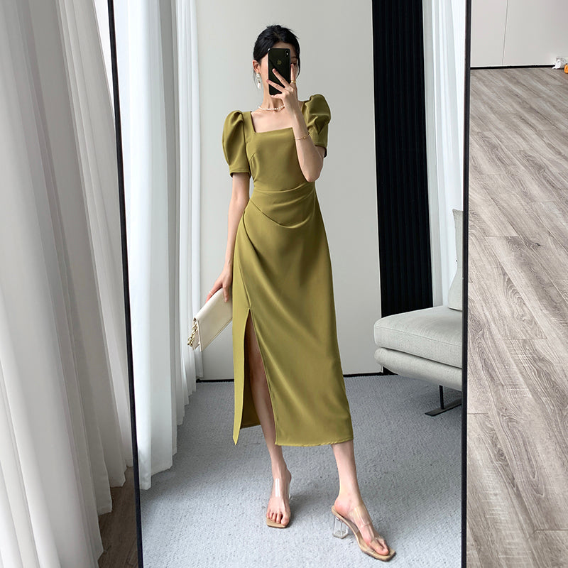 Elegant Green Slim Dress 2023: Luxe Square Neck