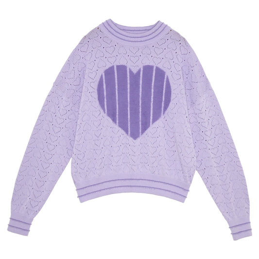 Suéter de punto hueco de corazón púrpura de niña