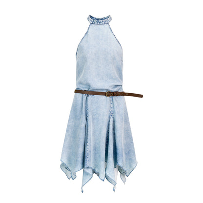 التصميم الأصلي واحد ستارة حلم عصري باردة باردة تنورة غير منتظمة فستان الدنيم