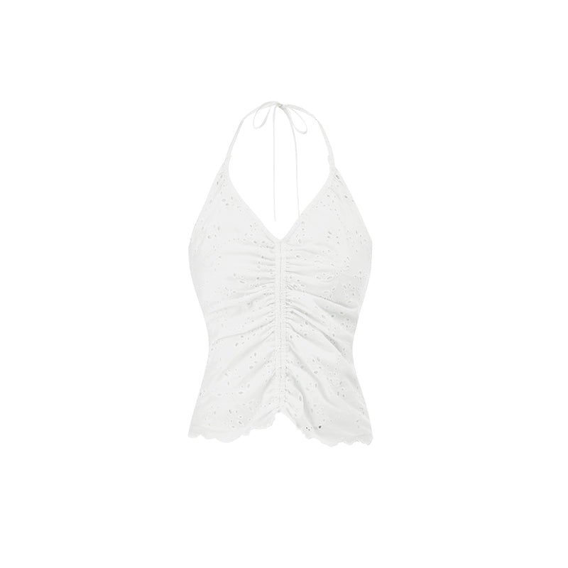 Cotton Jacquard Ruffled Vest – V-Neck Halterneck Lace Camisole Top