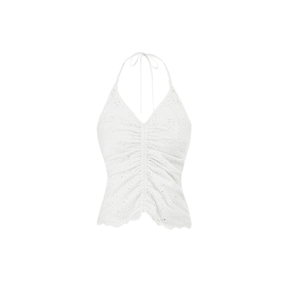Cotton Jacquard Ruffled Vest – V-Neck Halterneck Lace Camisole Top
