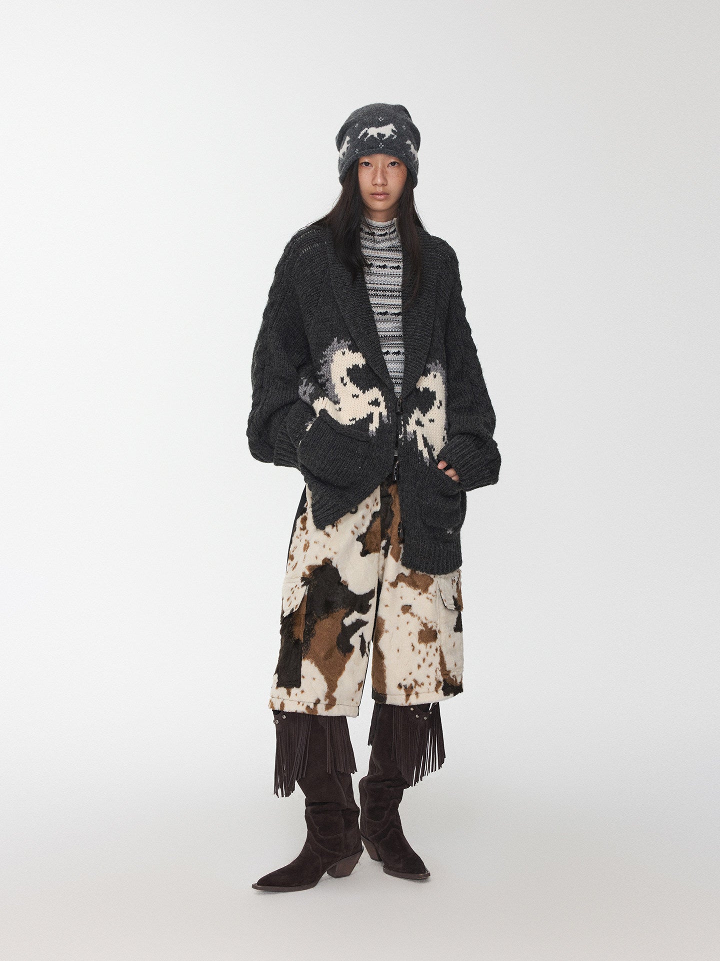 Pony Jacquard Horn Button Cardigan