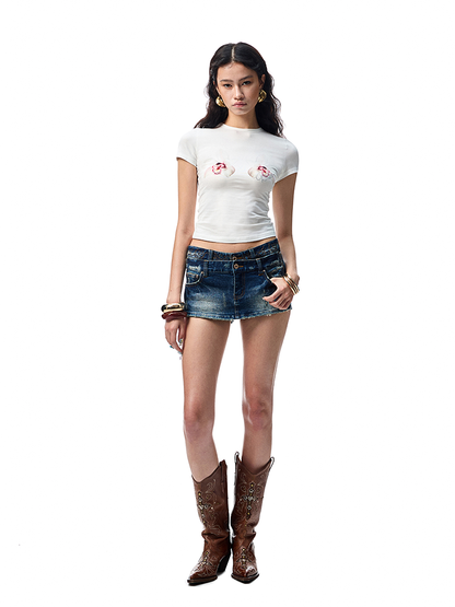 Floral Rhinestone Short Sleeve T-Shirt – Slim Stretch Shoulder Fit