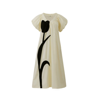 Original design by Ear UARE cheese cream tulip contrasting floral French V-neck loose fitting dress