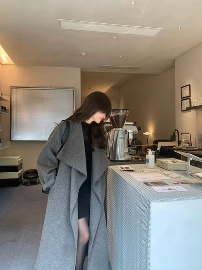 Gray Double-Sided Cashmere Coat – Loose-Fit Long Cloak Wool Jacket