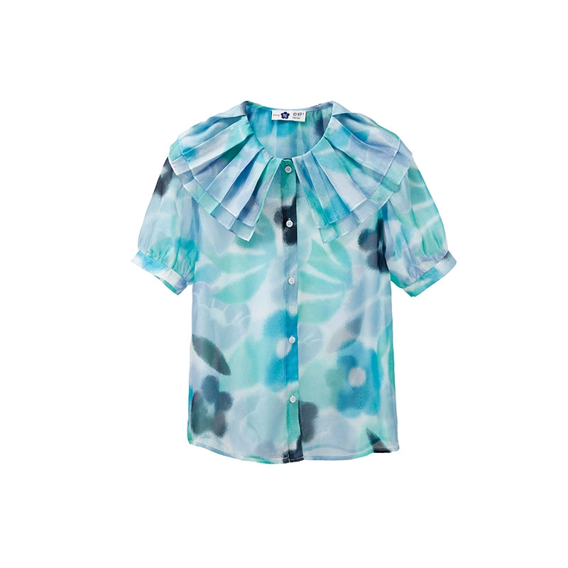 Original Design Sea Salt Bubble Water Translucent Print Double Layer Doll Neck Short Sleeve Shirt for Women