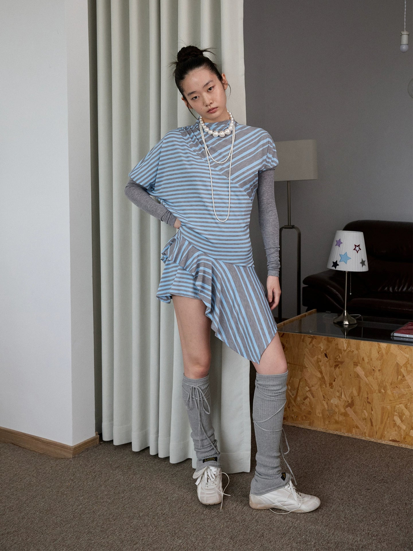 1JINN STUDIO blue and gray striped irregular patchwork long sleeve dress women's contrast puff sleeve design sense
