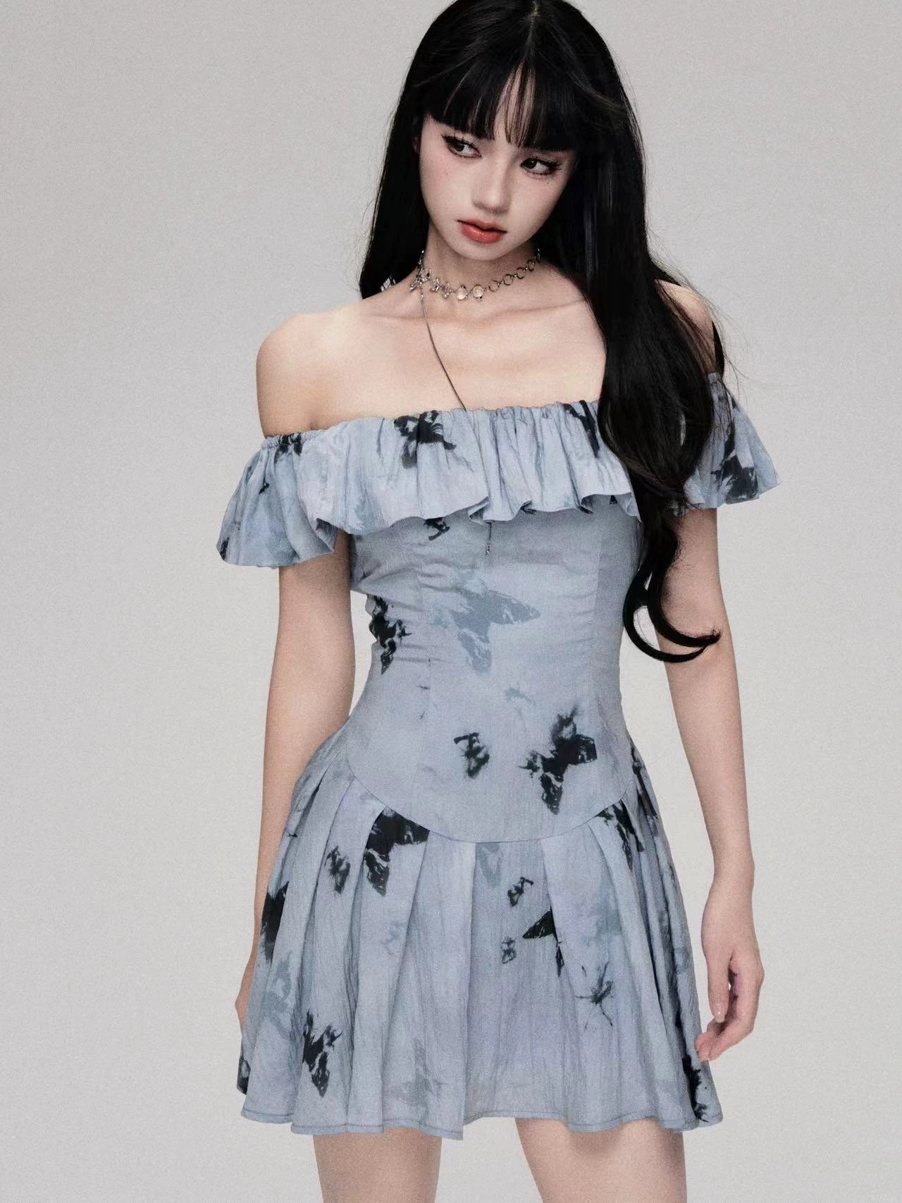 one shoulder butterfly dress LEO LIN Mei One-Shoulder Butterfly-Print Gown