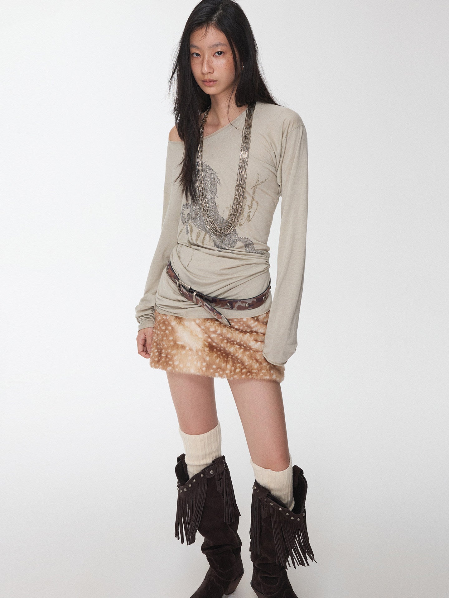 Knight Horse Rhinestone Off-Shoulder Top