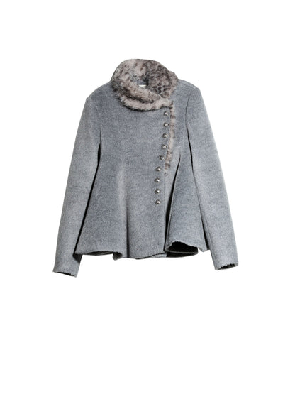 Leopard Fur Collar Wool Jacket | Asymmetrical Gray Winter Coat