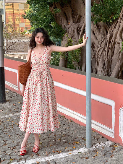 French Elegance: Lace-Up Cotton Flower Dress