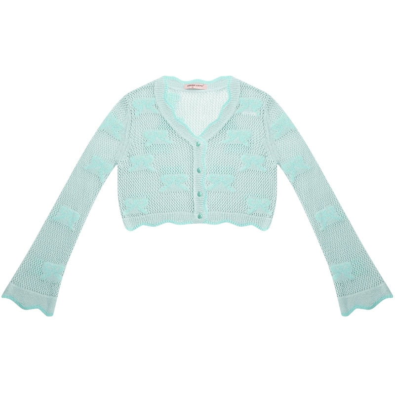 Mint Bow Short Sleeve Cardigan | Lightweight Hollow Sunscreen Knit for Summer