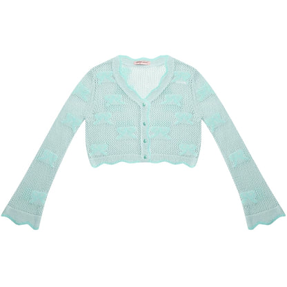 Mint Bow Short Sleeve Cardigan | Lightweight Hollow Sunscreen Knit for Summer