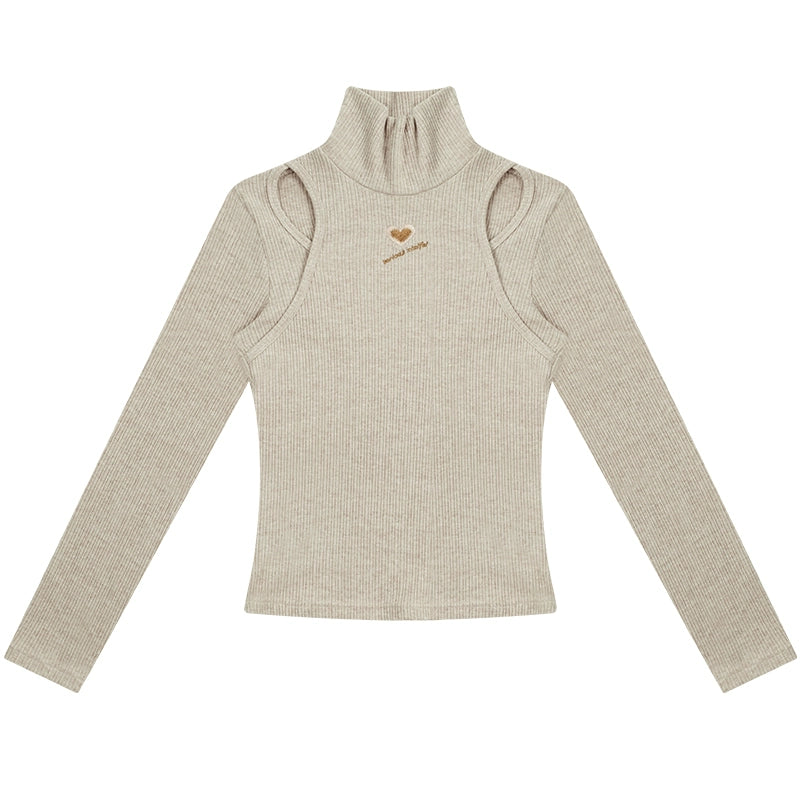 Heart Embroidered High Neck Sweater | Slim Fit Hollow Knit for Autumn/Winter