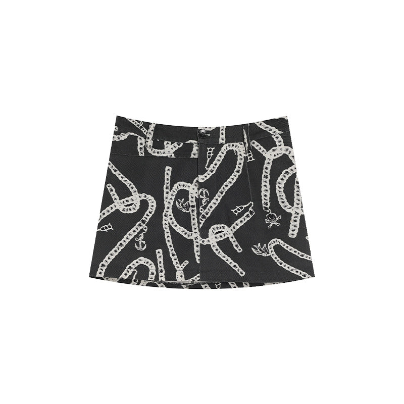 Dark Punk Chain Print Low-Waist A-Line Skirt - Summer Hip Style