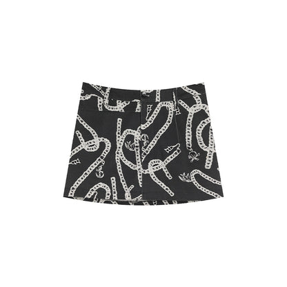 Dark Punk Chain Print Low-Waist A-Line Skirt - Summer Hip Style