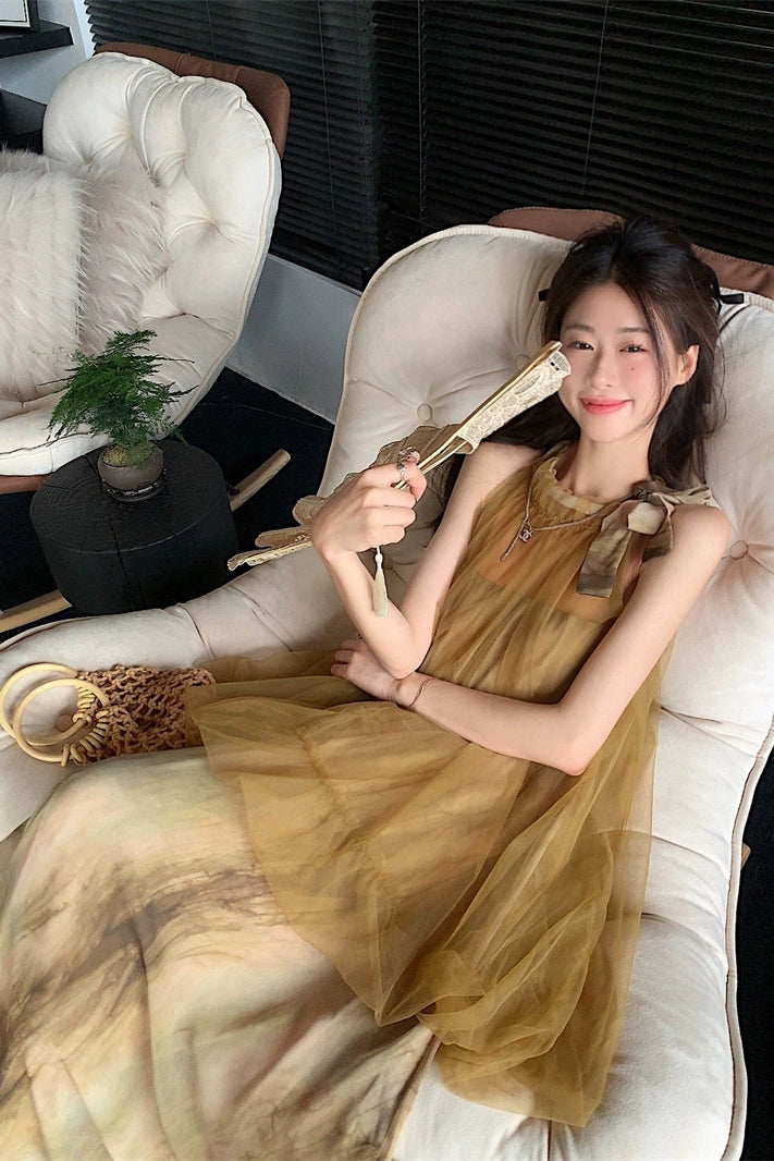 Fairy Mesh Tie-Dye Halterneck Dresses – National Style Cheongsam-Inspired Skirts