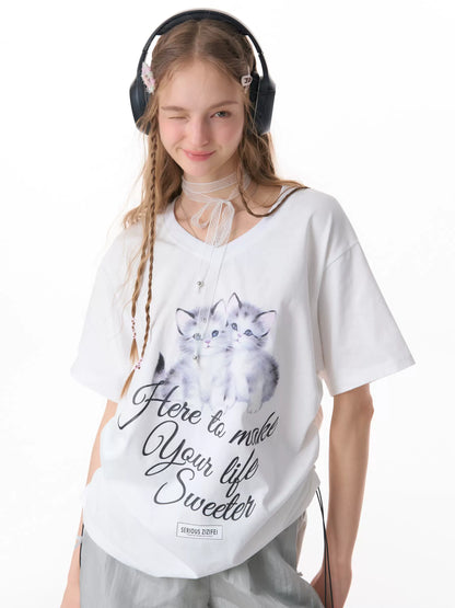 Cat Print V-neck Drawstring T-shirt | Loose Fit Summer Retro Design