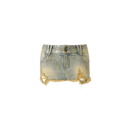 Low-Rise Distressed Denim Mini Skirt – Hot Girl Slim Hip Hugger
