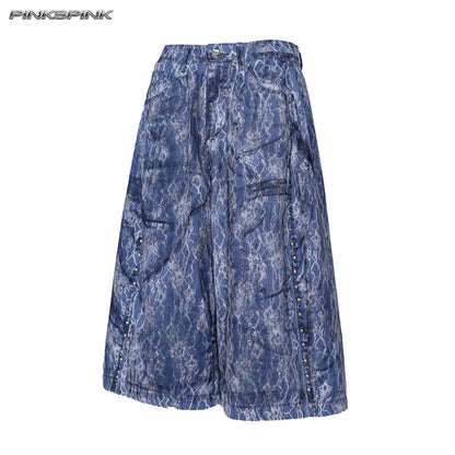Studded Lace-Coated Distressed Y2K Unisex Denim Shorts
