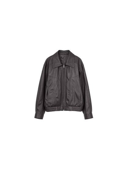 Wine afternoon elegant retro 2026 spring lapel dropped shoulder sleeve PU leather jacket loose short windproof design jacket for women