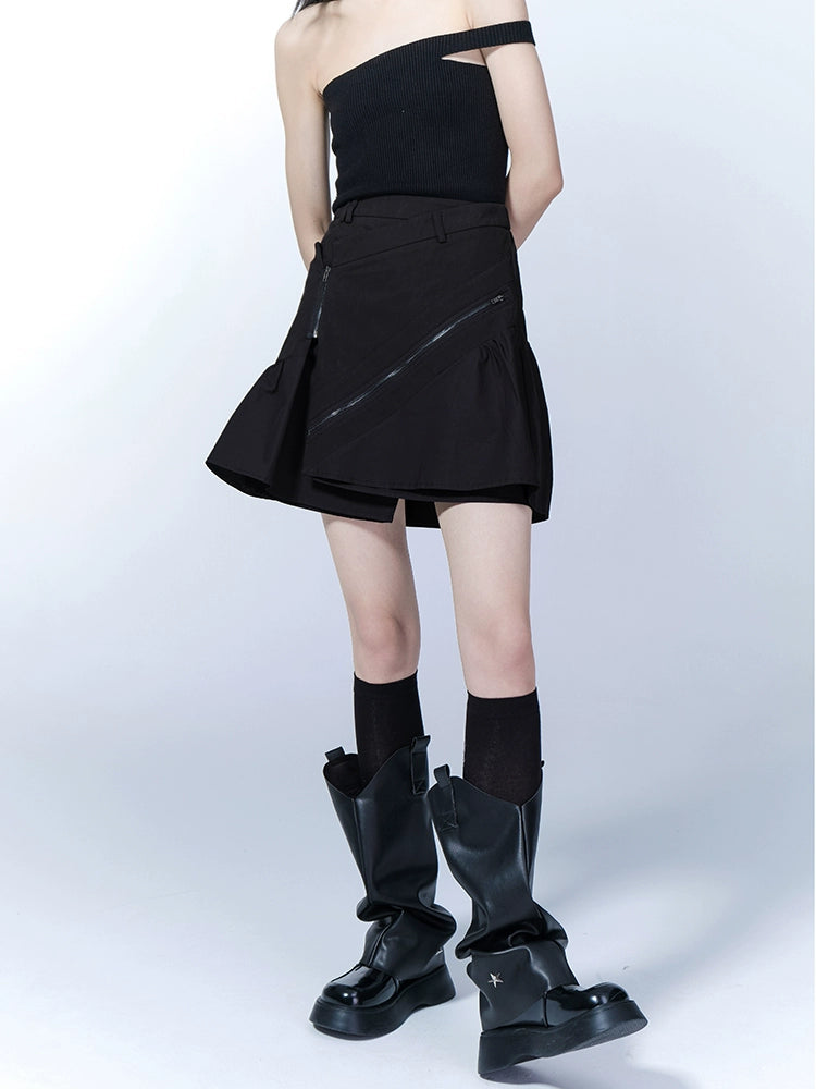 Black Zipper Deconstructed A-line Short Skirt